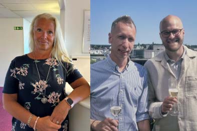 Tre personer som ler mot kameran